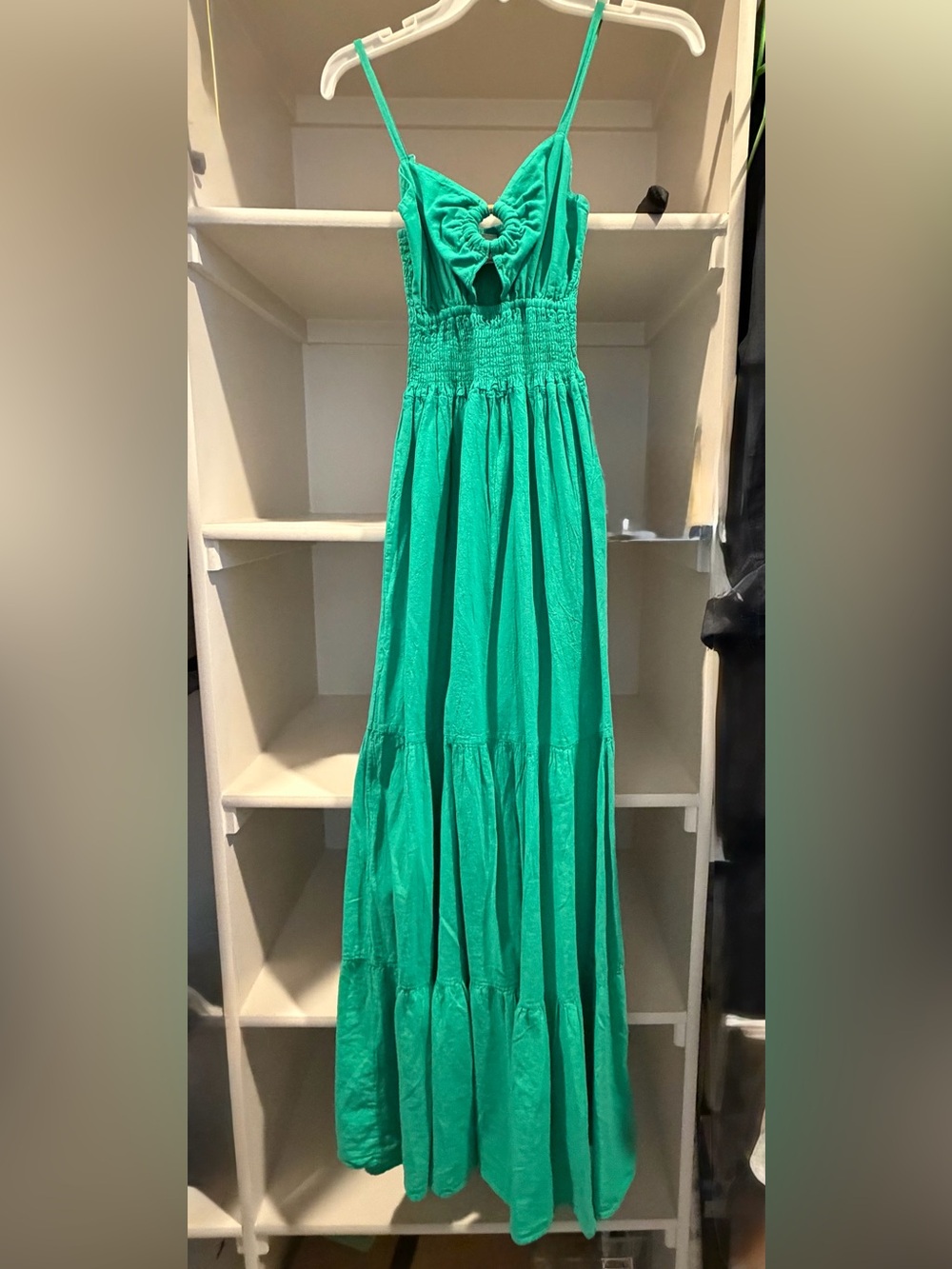 Smocked Waist Sleeveless Green Maxi Dress with Knot Front